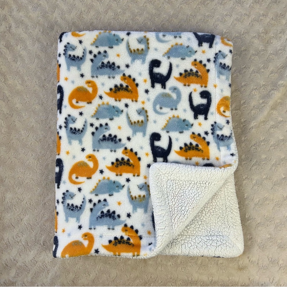 Oobles Orange Blue Dinosaur Baby Blanket White Sherpa Stars Security Lovey Dino